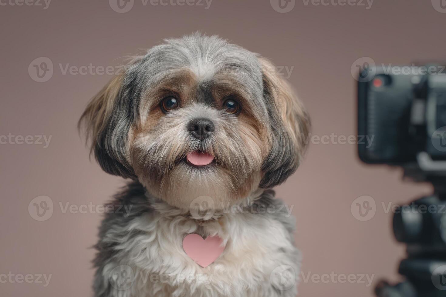 A fluffy dog with a gray and brown coat is sitting in a studio, looking directly at the camera. The dog has a pink heart-shaped tag and displays a cheerful expression, tongue out. photo