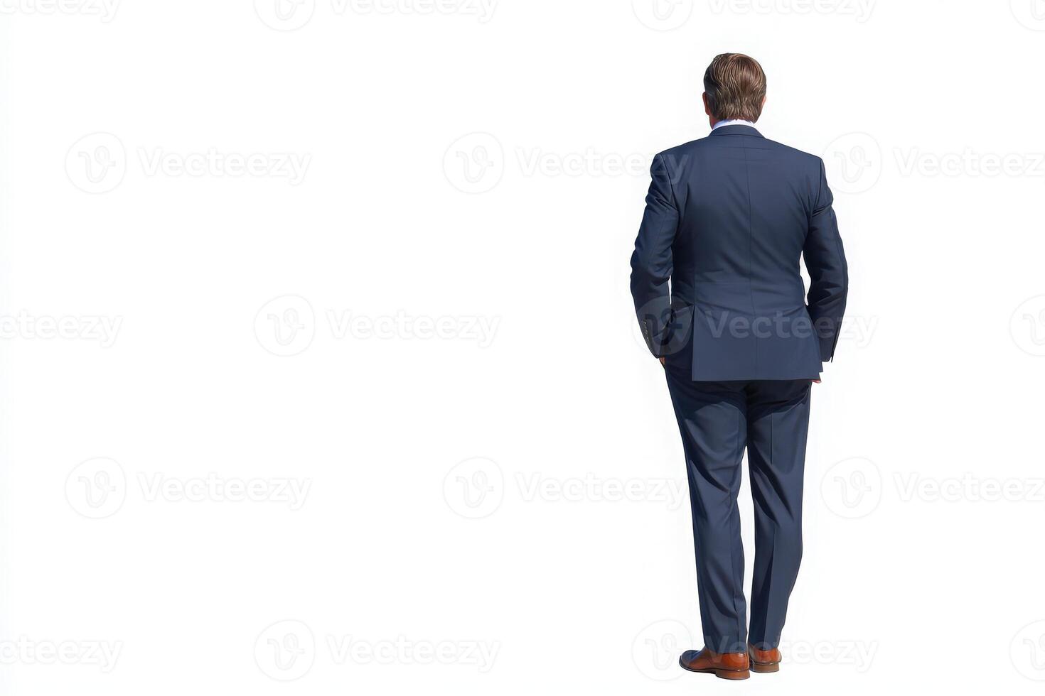 A businessman in a dark suit and brown shoes walks away, facing the unobscured white background. The solitude emphasizes confidence and purpose. This moment captures a professional atmosphere. photo