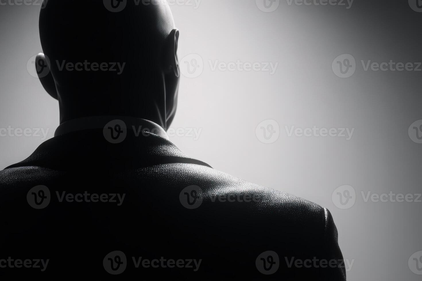 A man in a suit stands with his back to the viewer, highlighted by soft light. The shadows create a dramatic atmosphere, emphasizing the contours of his figure and suit. photo