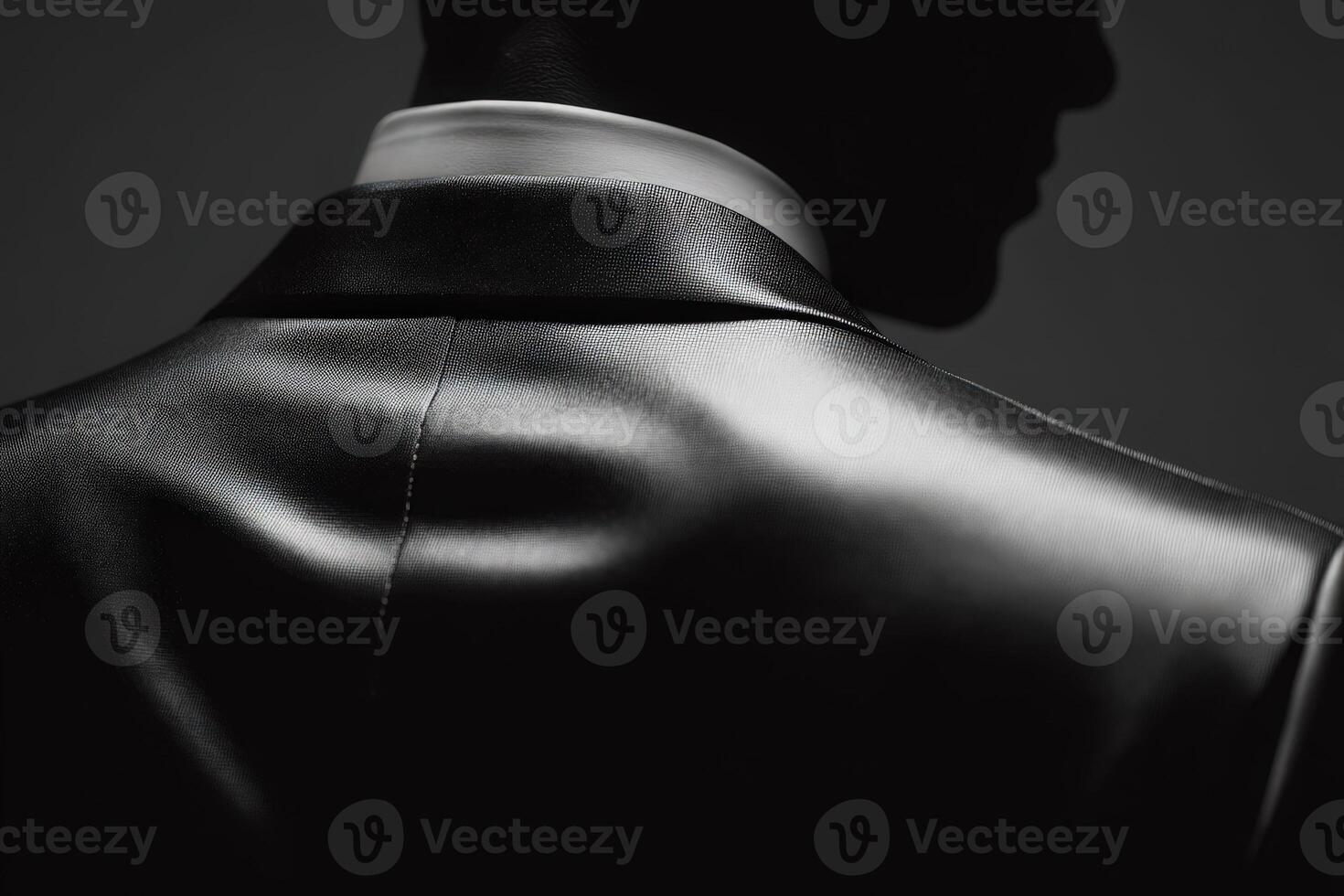 A man stands with his back to the camera, showcasing a sleek black suit. The soft lighting highlights the suits texture, creating a sophisticated atmosphere. photo