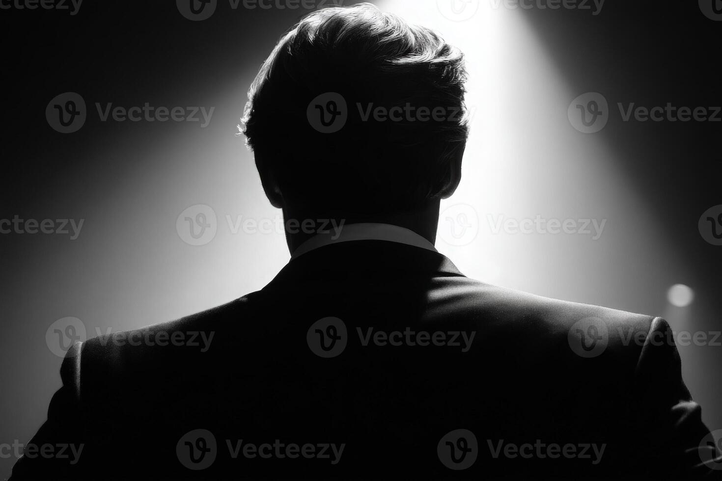 A man stands with his back to the viewer, dressed in a tuxedo. He is illuminated by a single beam of light against a dark background, creating a dramatic atmosphere. The moment conveys anticipation. photo