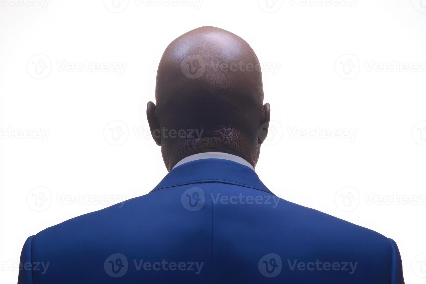 A person is viewed from the back wearing a blue suit, their bald head prominently featured against a bright, lit backdrop. The setting suggests a formal or professional atmosphere. photo