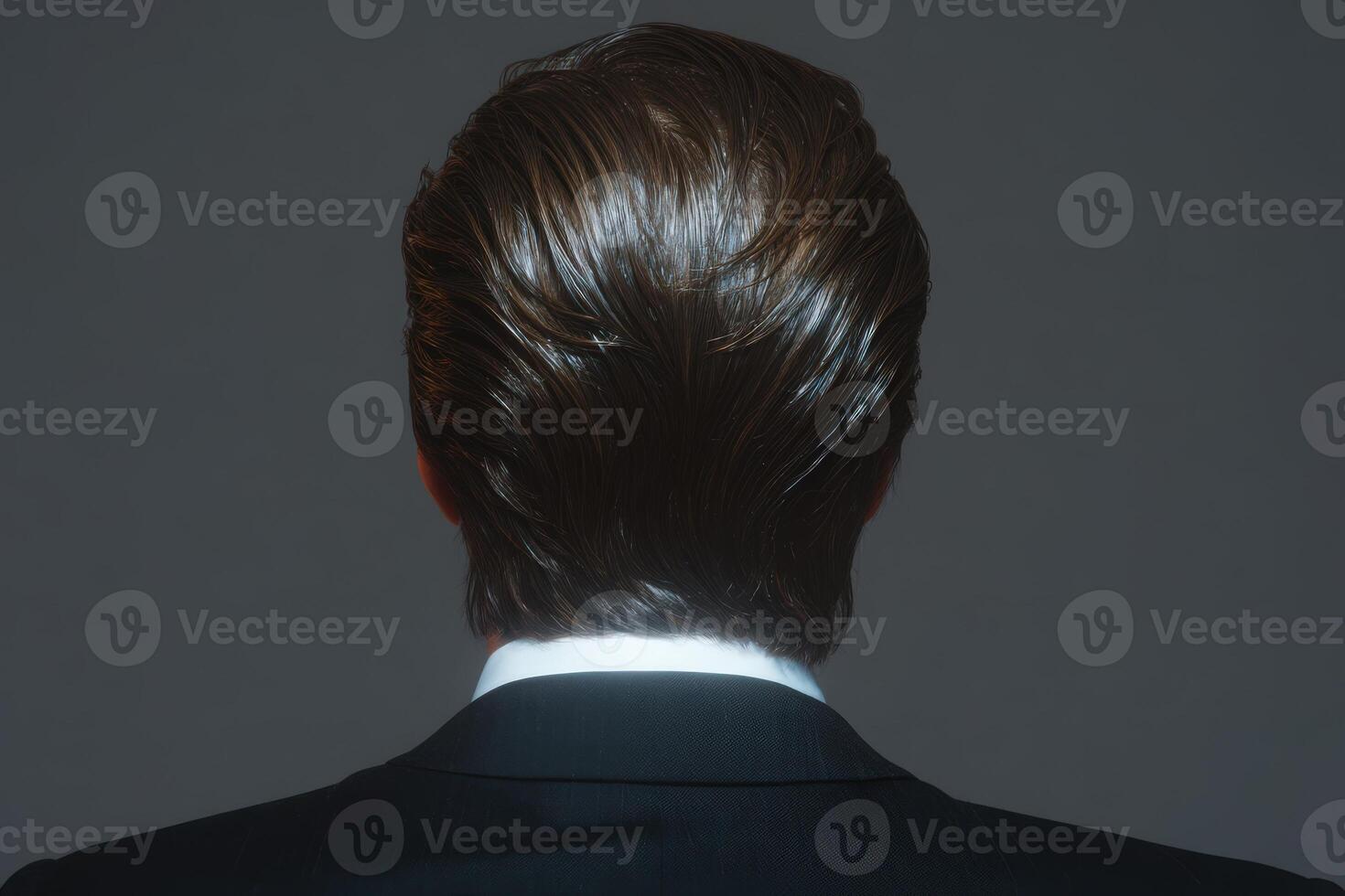 A man stands with his back to the viewer, showcasing slicked-back hair. He wears a dark suit and white shirt against a gradient background, creating a sophisticated and modern look. photo