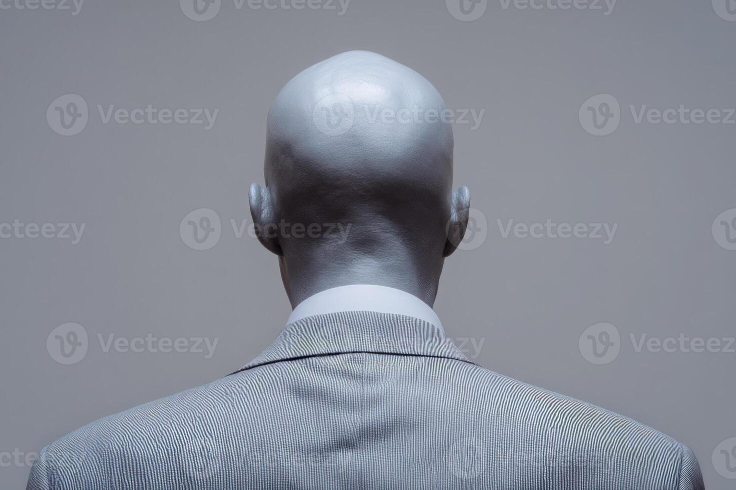 A figure stands facing away, wearing a light gray suit. The bald head glistens slightly under soft lighting, creating a stark contrast with the neutral background. photo