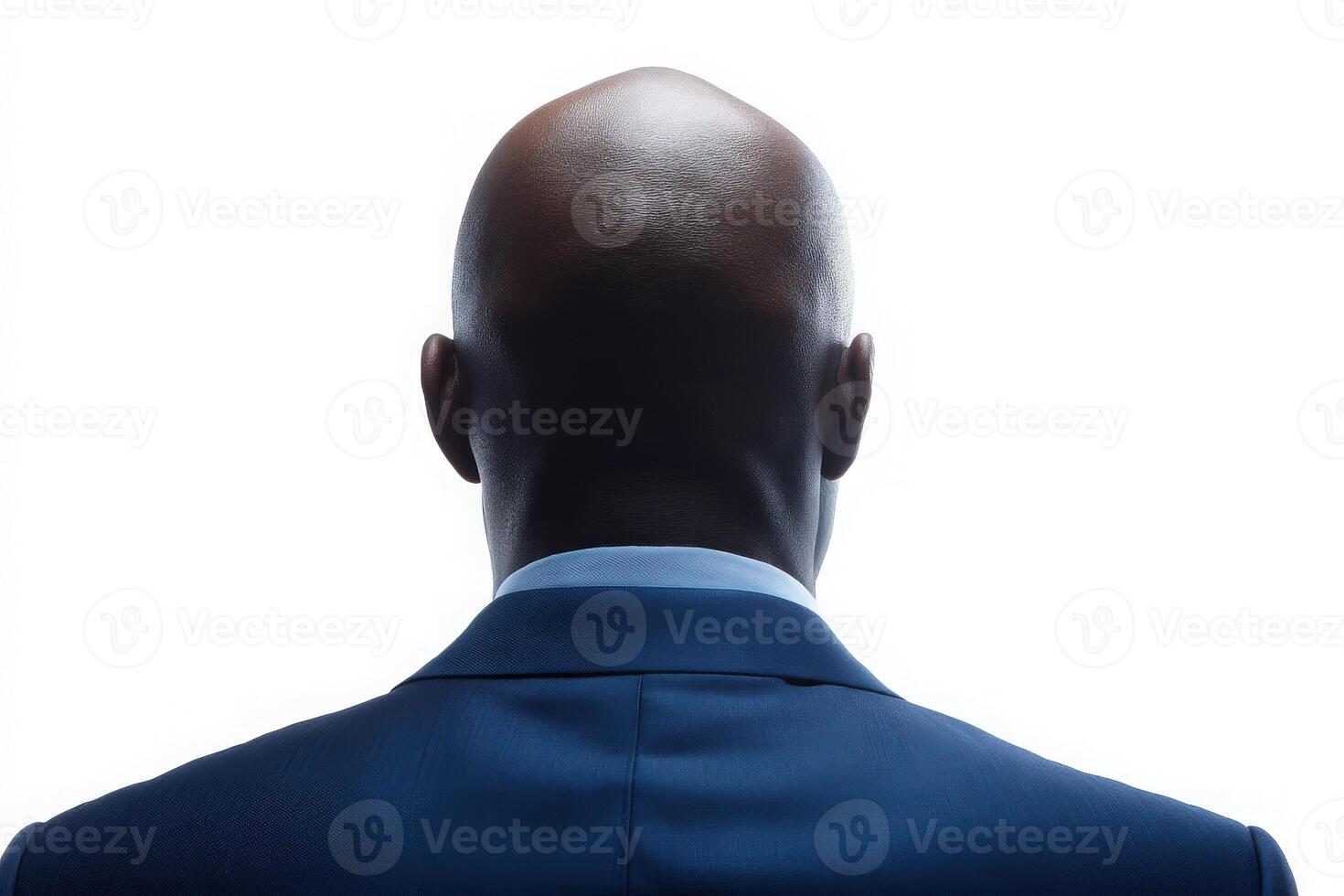 A businessman with a bald head stands in a suit, facing away from the viewer in front of a bright white background. The posture and attire convey a sense of professionalism and confidence. photo