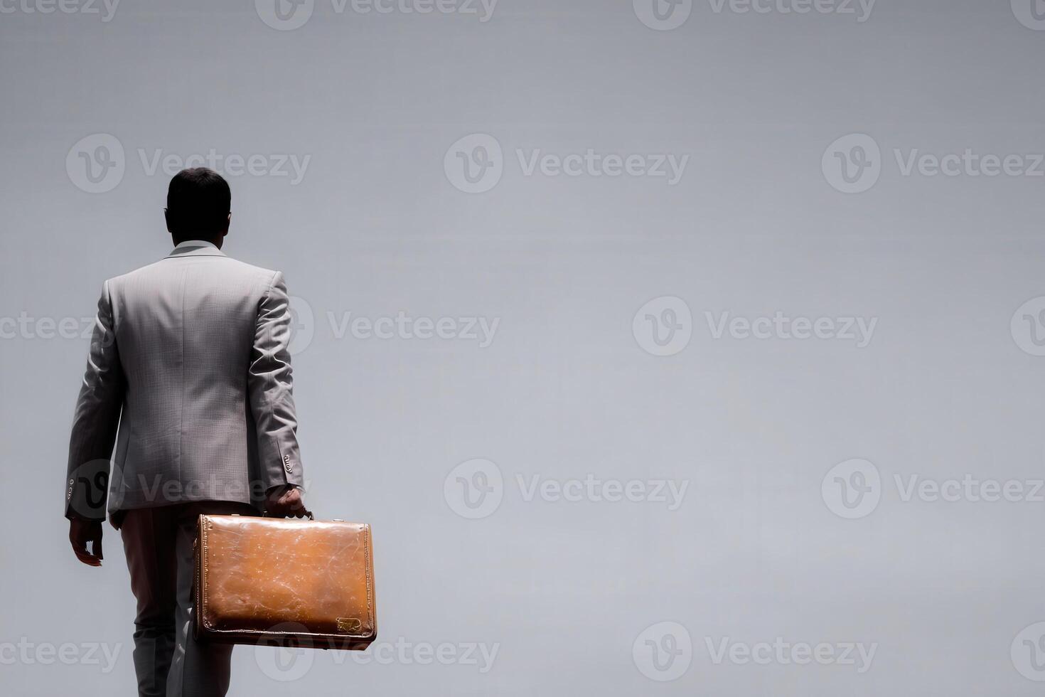 A businessman dressed in a light gray suit walks away, holding a brown briefcase. The background is smooth and neutral, emphasizing the subjects solitary journey in a corporate environment. photo