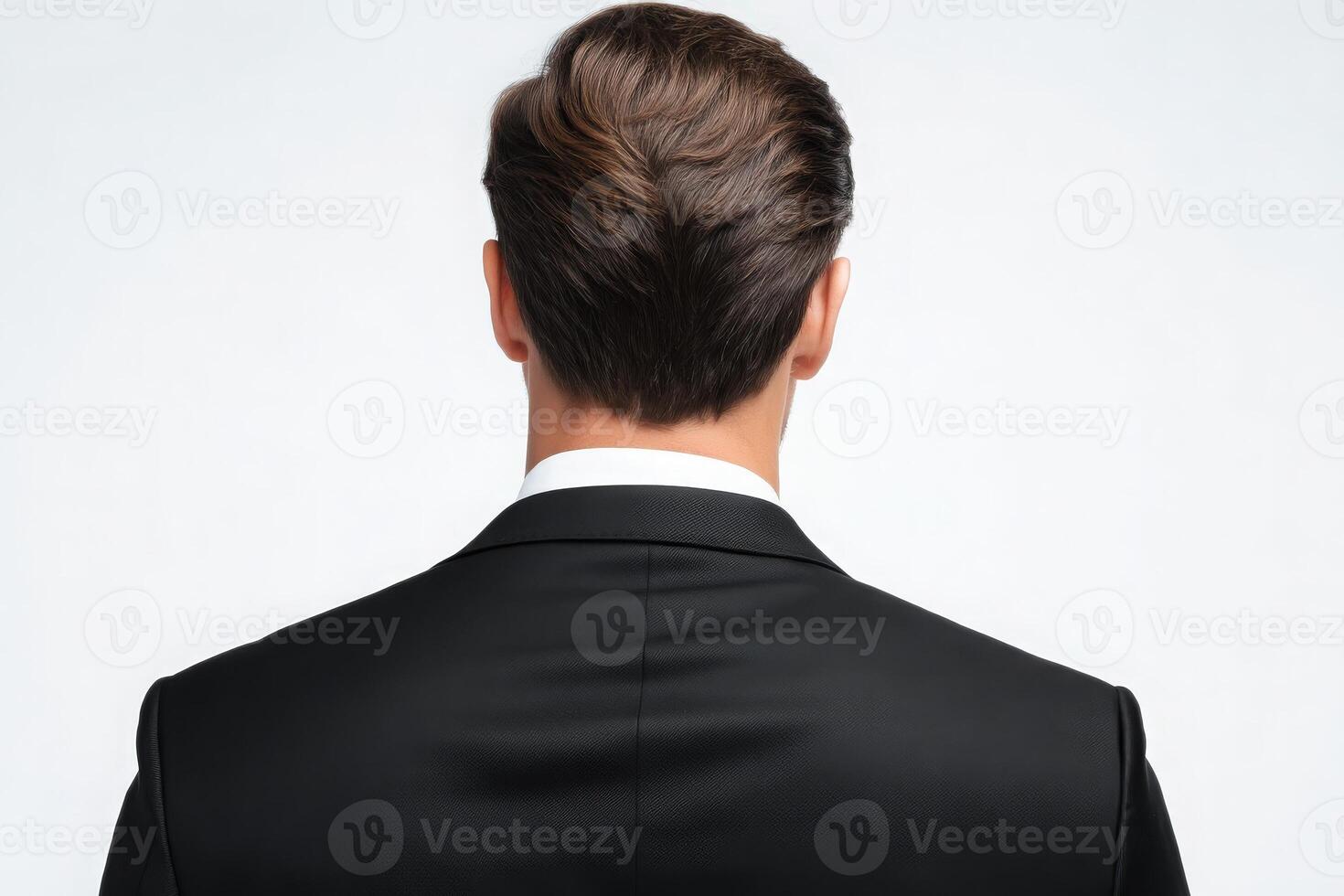 A man with neatly styled hair wears a tailored black suit. He stands with his back to the viewer against a plain light backdrop, conveying a sense of professionalism and confidence. photo