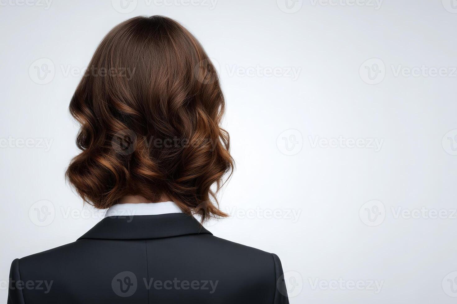 A woman is shown from the back, showcasing wavy brown hair styled elegantly. She wears a dark suit with a white collar. photo
