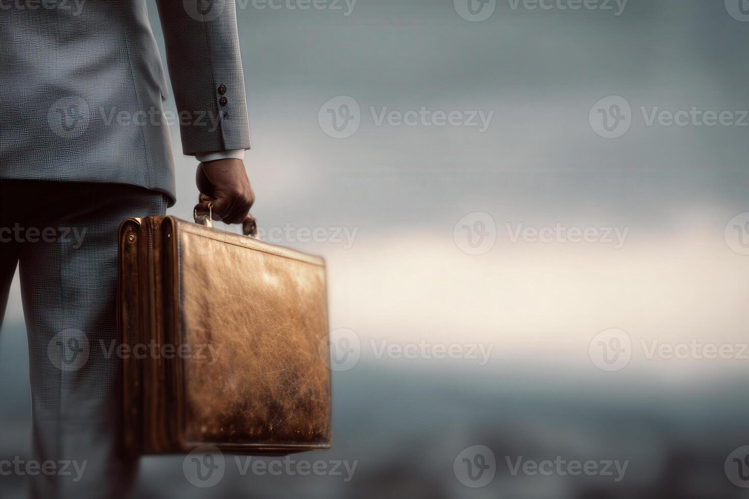 A man in a gray suit stands with his back to the viewer, holding a brown briefcase. The sky is overcast and moody, hinting at early morning or late afternoon. photo