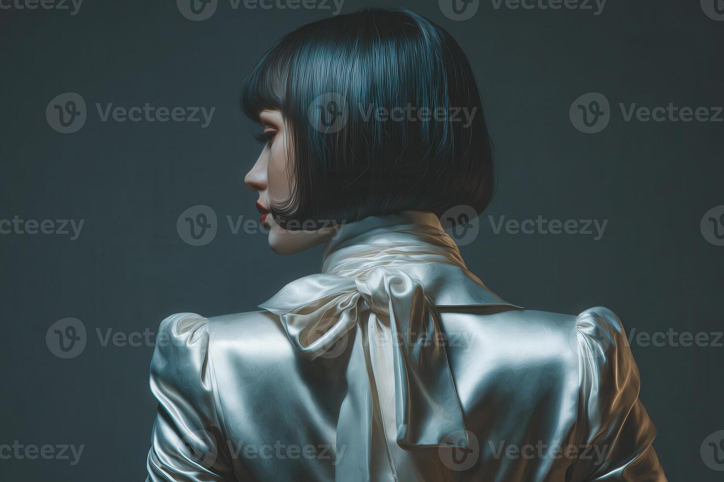 A model stands gracefully with her back to the viewer, revealing a stylish bob haircut. She wears a shimmering outfit adorned with a bow, highlighted by soft lighting that enhances her silhouette. photo