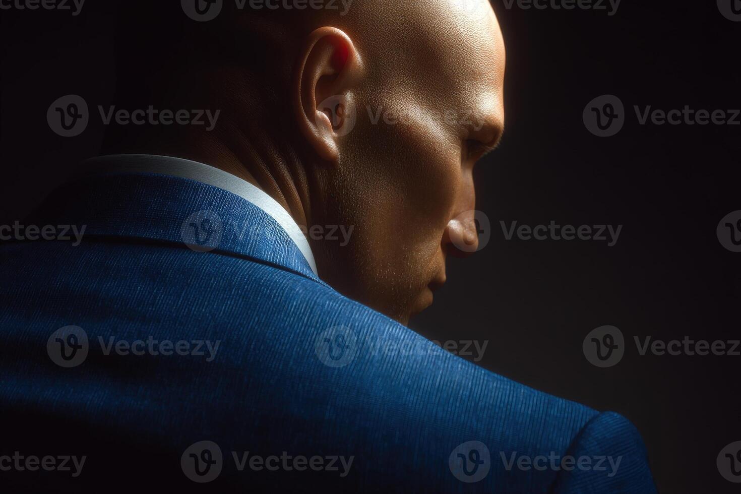 A well-dressed individual with a shaved head stands in profile, showcasing a blue suit and a serious expression. photo