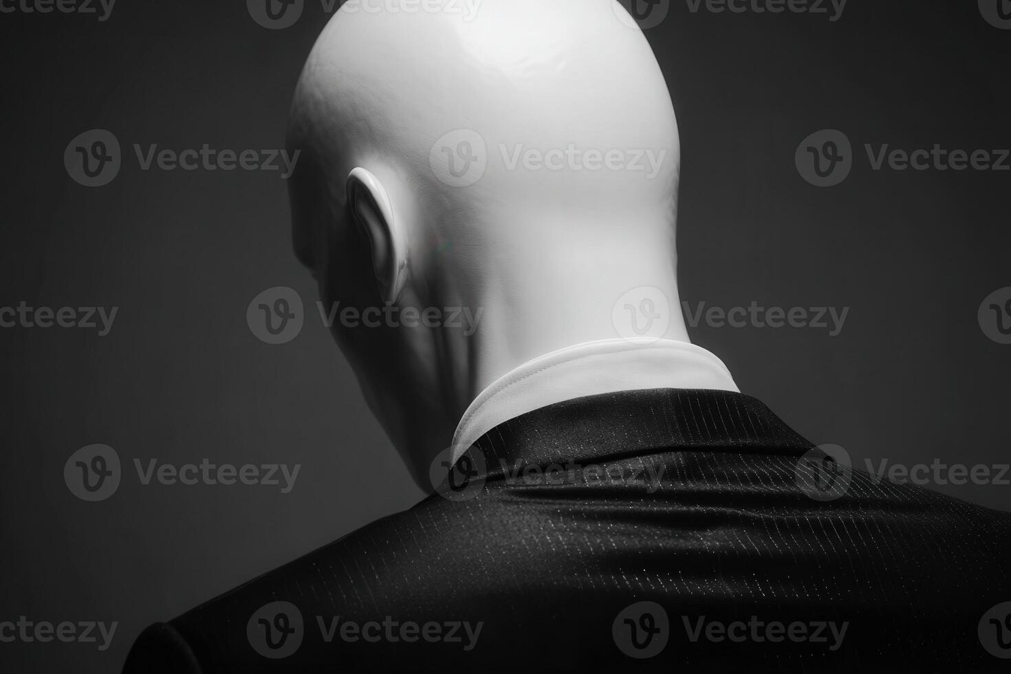 A mannequin stands in a formal black suit, showcasing a sleek back view. The setting is dimly lit, highlighting the mannequins smooth surface and reflecting a modern aesthetic. photo