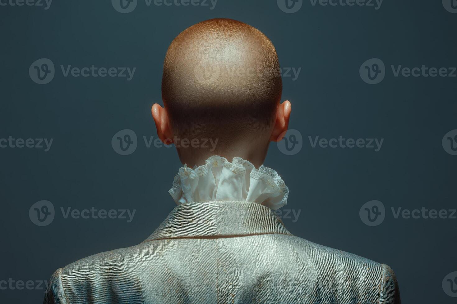A bald figure stands with their back to the viewer, wearing an elegant suit and an elaborate white collar. photo