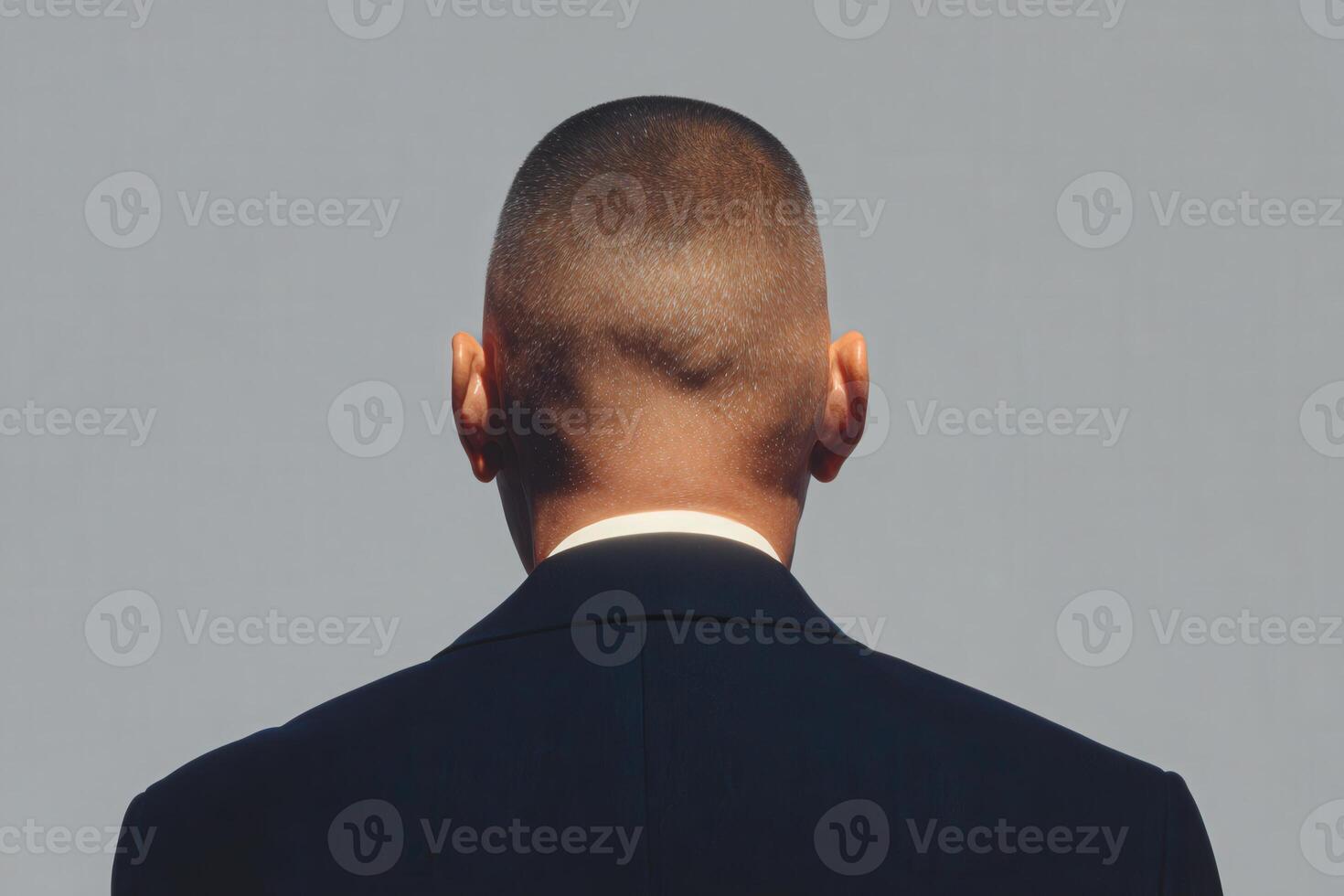 A man is seen from behind, showcasing a closely shaved head and wearing a formal suit. The focus is on his back and the simplicity of the backdrop, highlighting his posture. photo