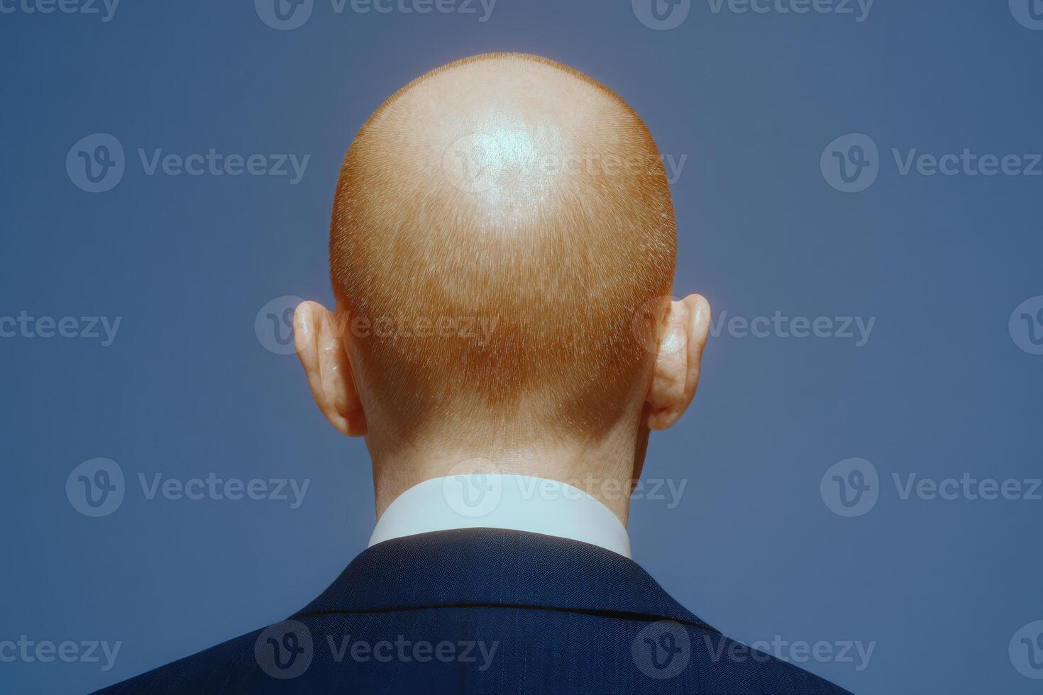 A bald man dressed in a dark suit stands with his back to the viewer. He faces a clear blue sky, highlighting his smooth scalp and ensuring a clean, professional appearance. photo