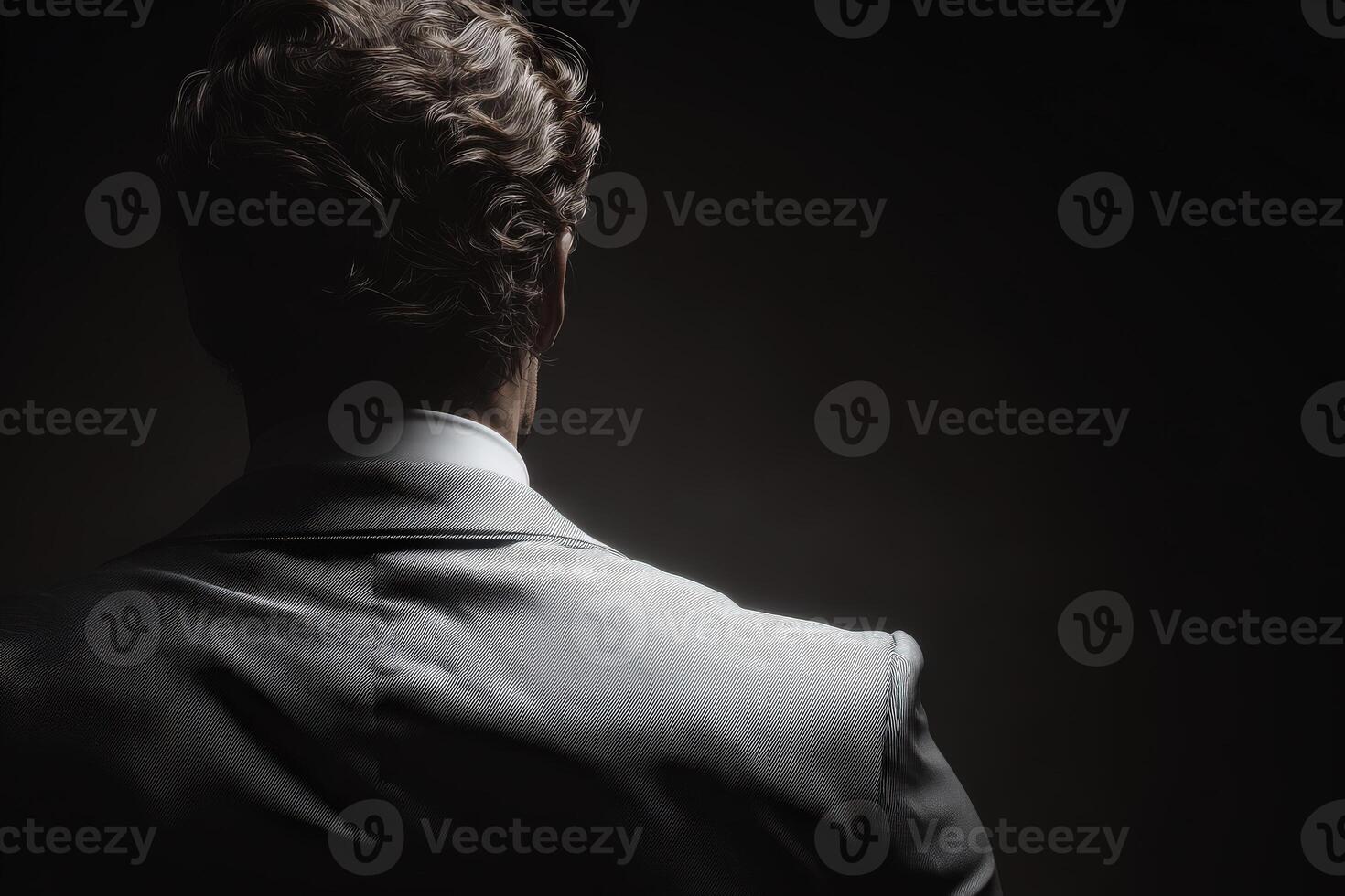 A man dressed in formal attire stands with his back to the viewer, lost in thought as shadows envelop him. The low light creates a mysterious atmosphere, highlighting his silhouette. photo