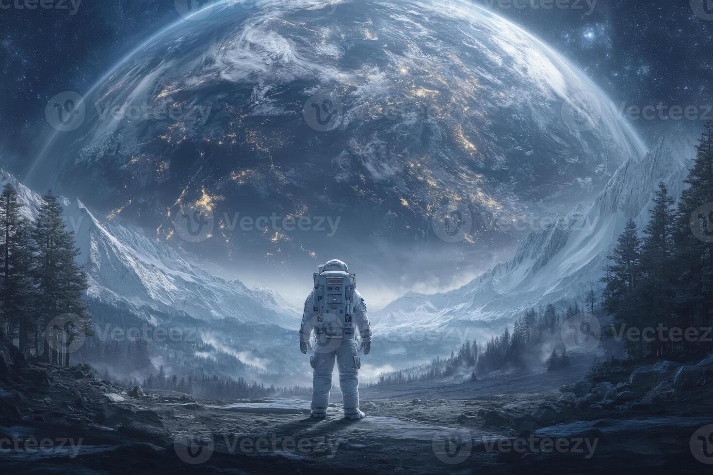 An astronaut in a white space suit stands on rocky terrain, overlooking a breathtaking view of Earth from a distant world surrounded by mountains and trees under a starry sky. photo