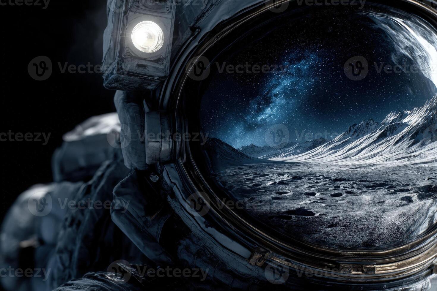 An astronaut stands on the moon, gazing at a breathtaking view of the lunar surface illuminated by starlight. The vast expanse showcases craters and rocky terrain, inviting wonder. photo
