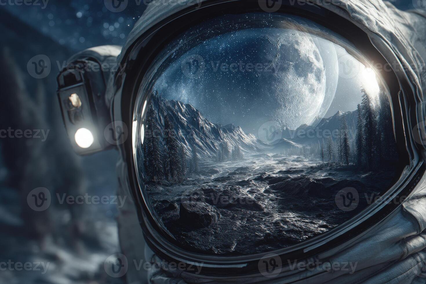 An astronaut stands on the lunar surface, gazing at a breathtaking view of Earth in the distance. The rocky terrain is illuminated by moonlight, surrounded by rugged mountains and a starry sky. photo