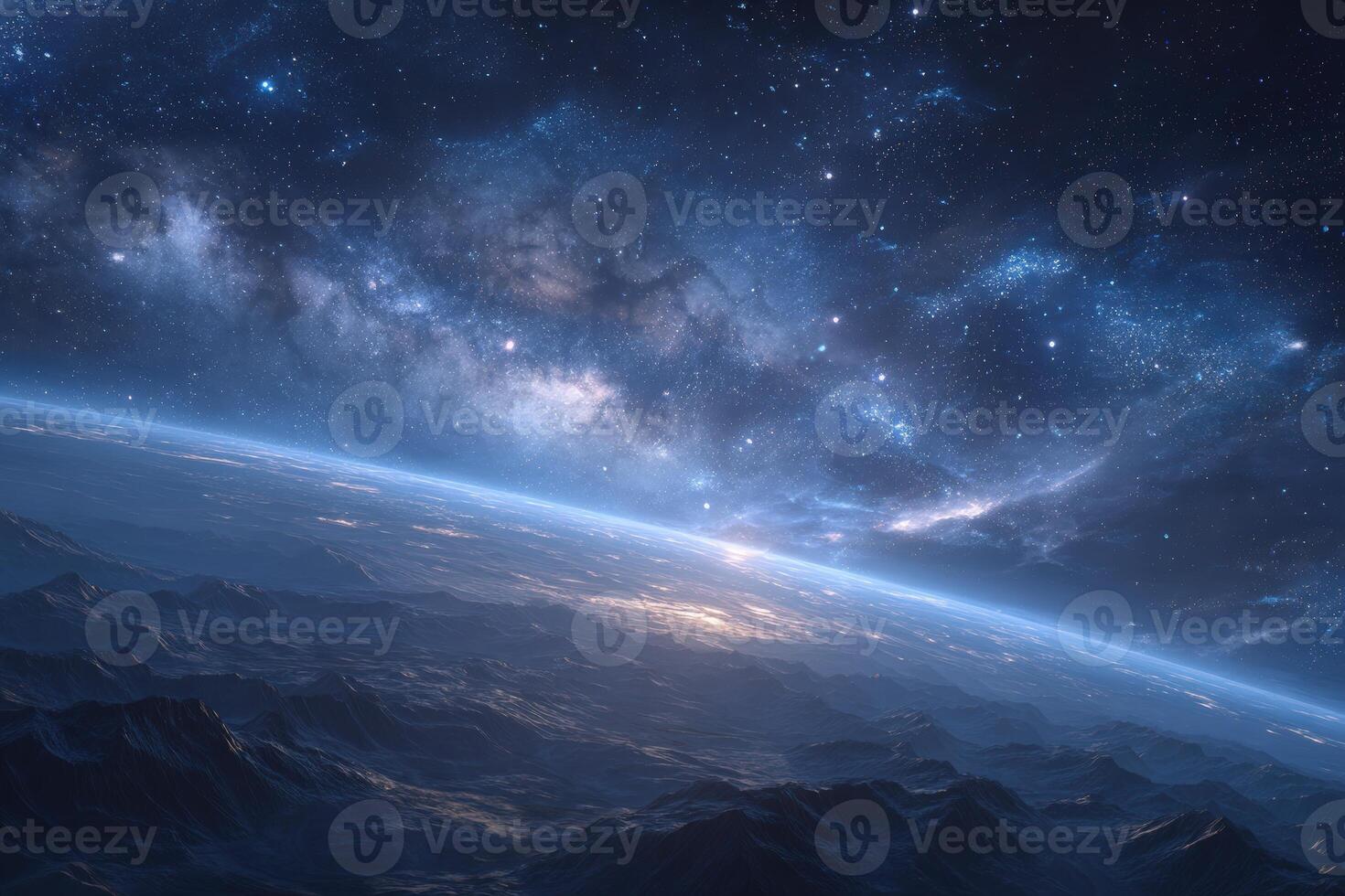 A breathtaking perspective from above Earths surface showcases a celestial panorama during twilight. The mountains below blend with a stunning starry sky filled with twinkling stars and cosmic dust. photo