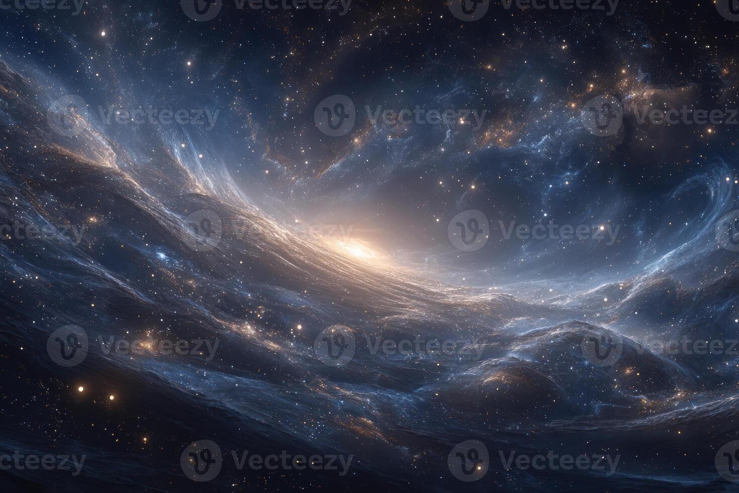 An expansive view of the universe reveals a brilliant display of swirling galaxies amidst a backdrop of twinkling stars. This celestial scene captures the beauty and mystery of deep space. photo