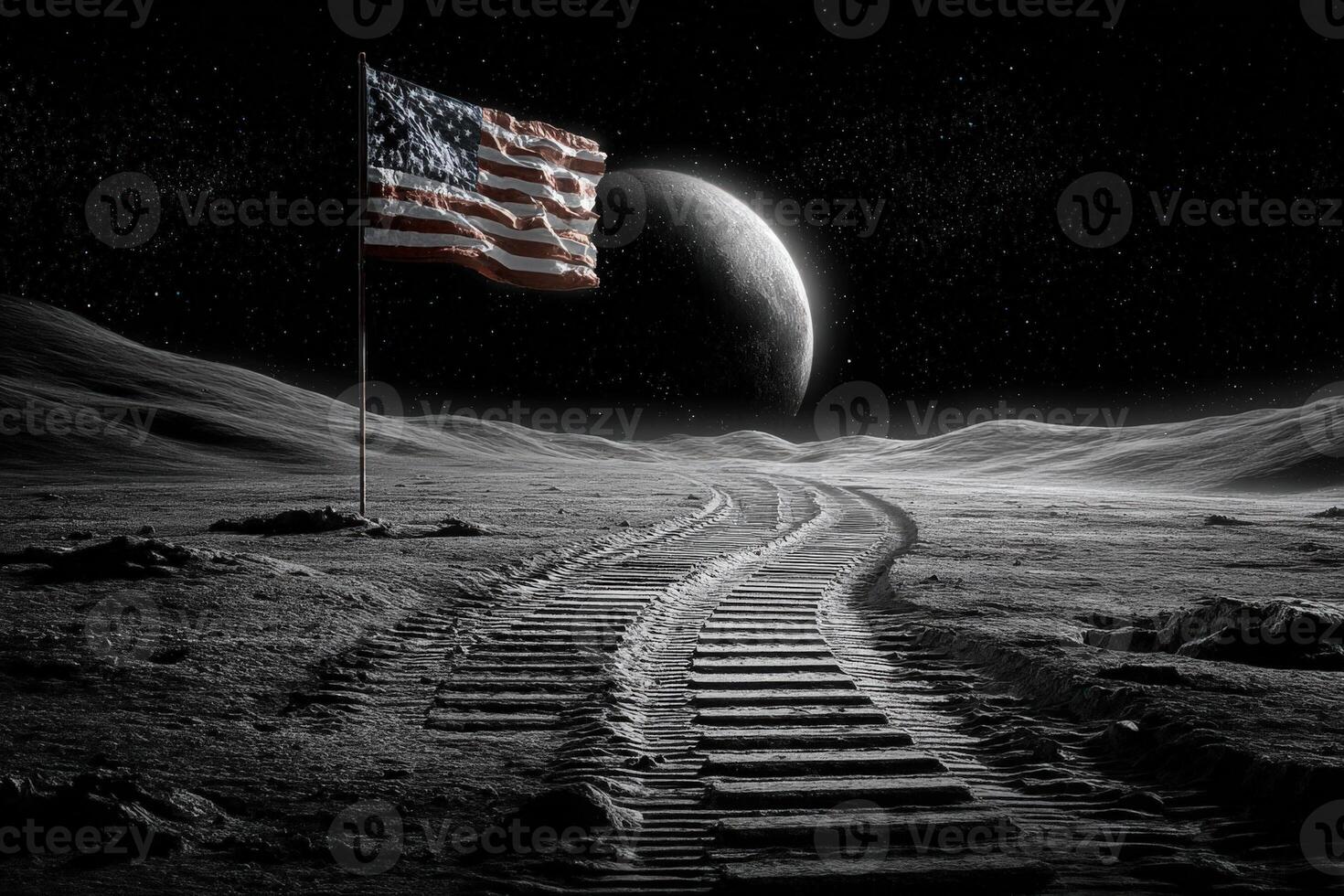 A flag waves on the moons surface, with a winding path made of tracks leading toward a large planet in the dark sky. The landscape is stark and barren, highlighting the vastness of space. photo