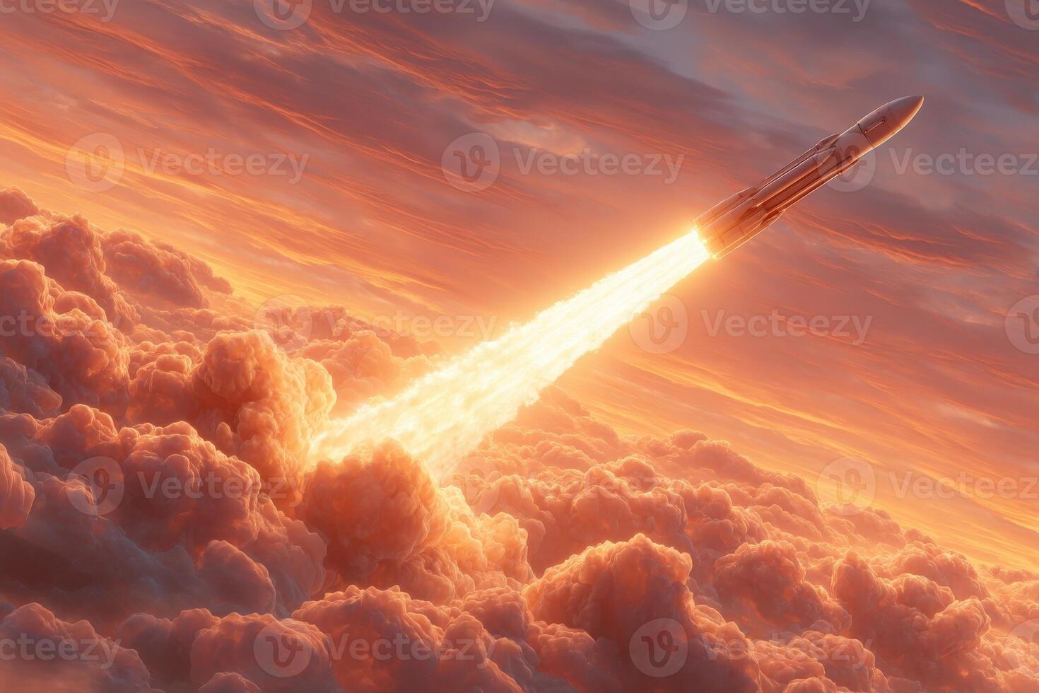 A rocket ascends through a dramatic sunset sky, leaving a trail of fire and smoke. The colorful clouds create a stunning backdrop as the vehicle escapes the Earths atmosphere. photo