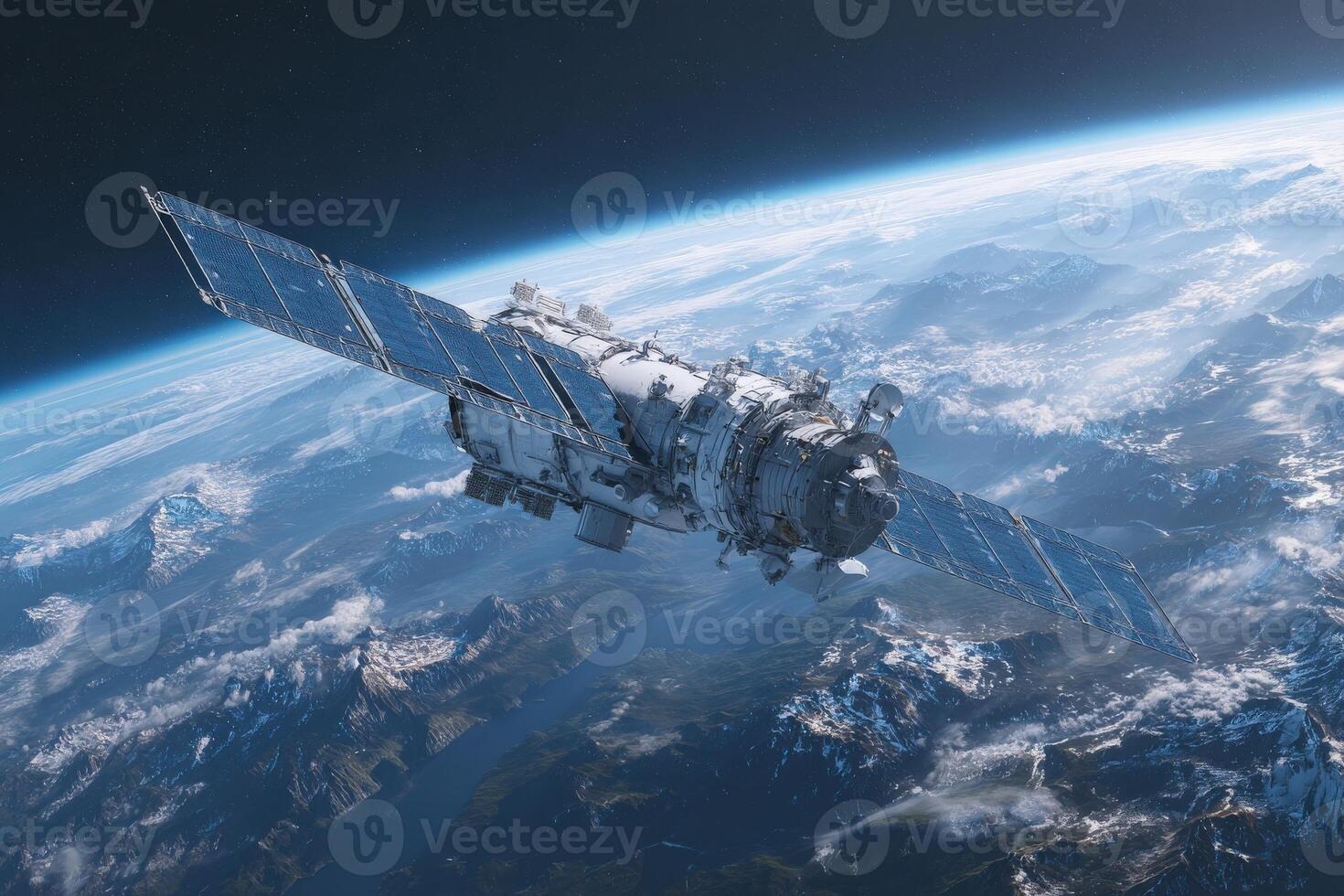 High above the Earth, a satellite rotates in space, its solar panels glimmering in sunlight. Below, breathtaking mountain ranges and fluffy clouds create a stunning view of our planets topography. photo
