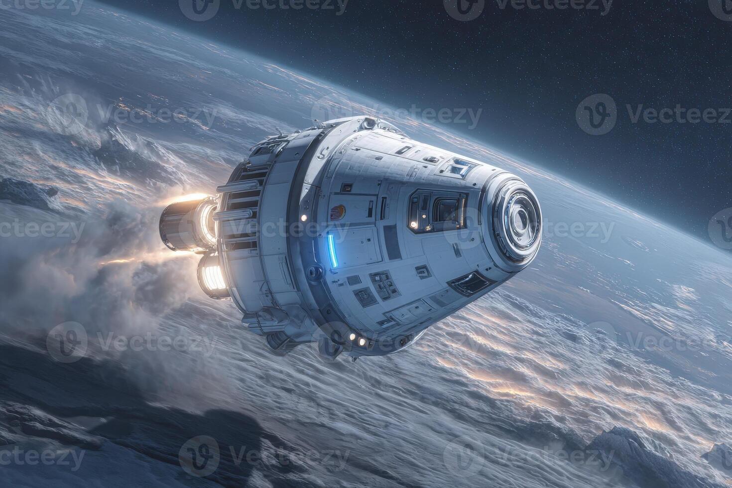 A spacecraft maneuvers through low Earth orbit, engines ignited with bright flames and vapor trails. The planet below shows cloud formations against the backdrop of outer space during daylight. photo