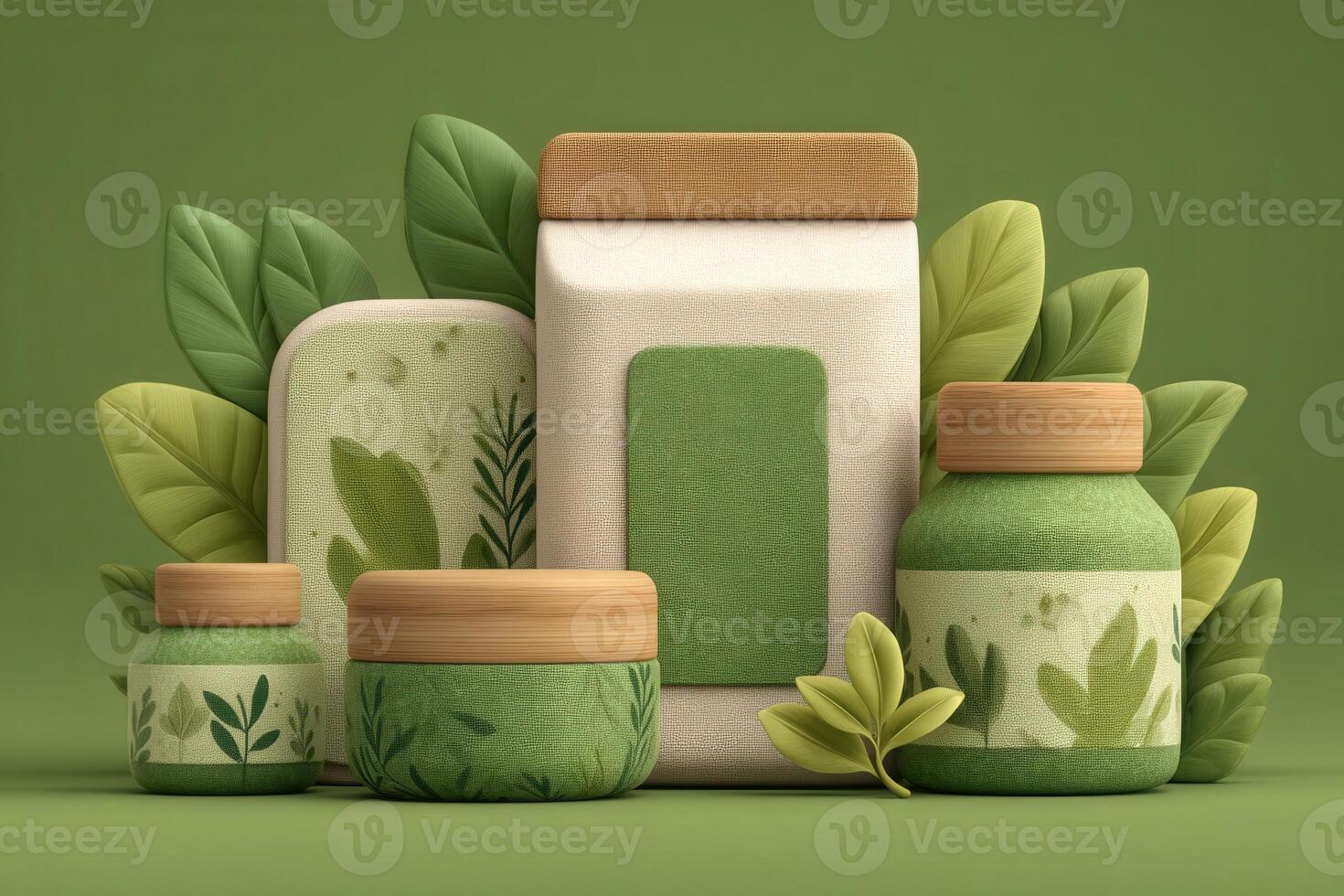 This arrangement features various eco-friendly containers in shades of green, adorned with botanical patterns. Set against a leaf-filled backdrop, it exudes a tranquil and sustainable aesthetic. photo