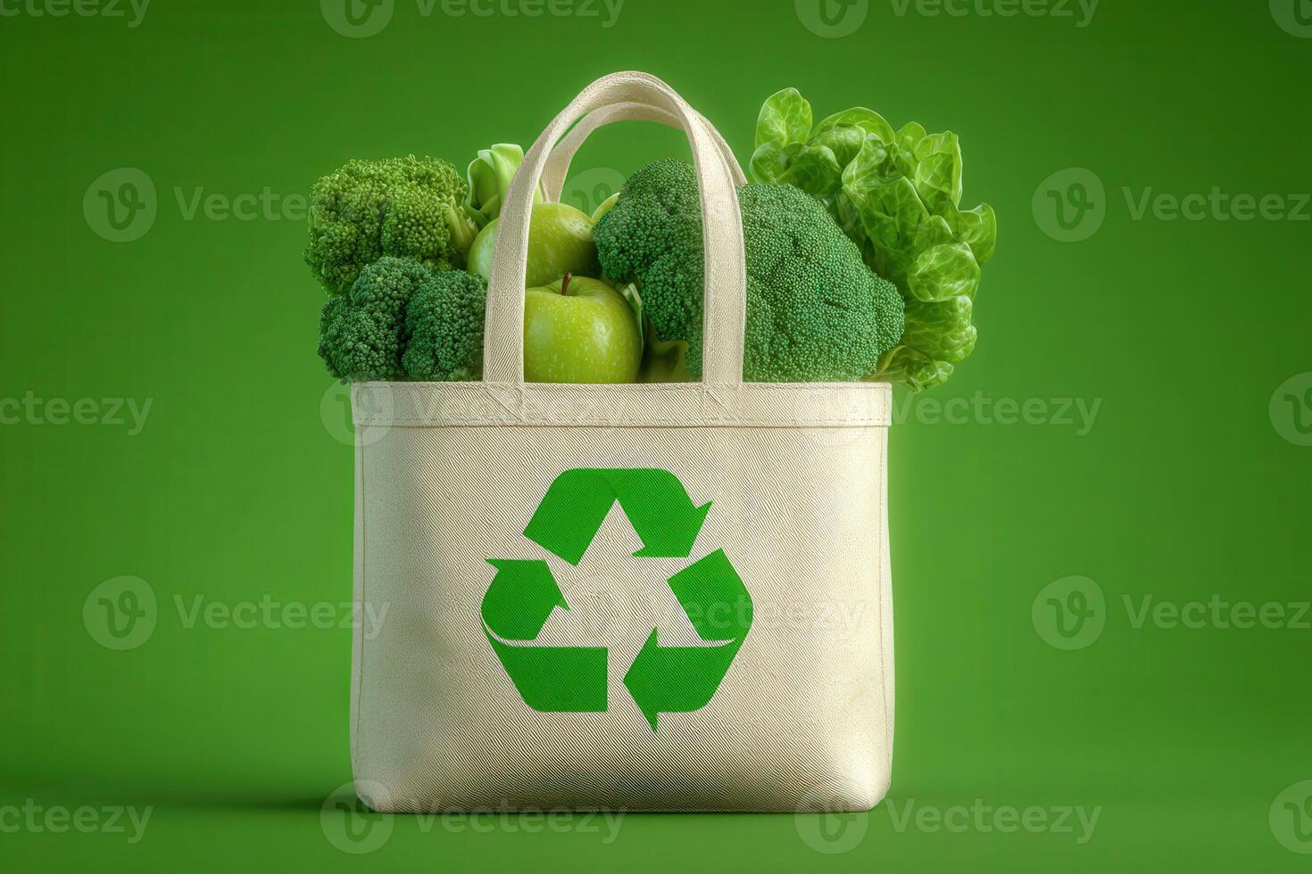 A reusable bag featuring a recycling symbol holds vibrant green broccoli, leafy lettuce, and fresh apples. The bright green background emphasizes the theme of sustainability and healthy living. photo