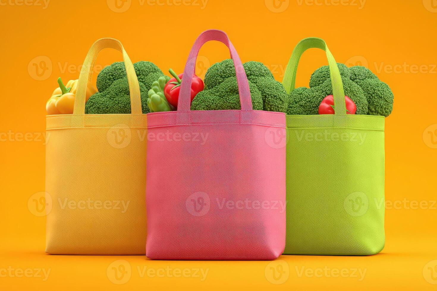 Three vibrant tote bags in yellow, pink, and green are filled with an assortment of fresh vegetables, including broccoli and bell peppers, set against a bold orange background. photo