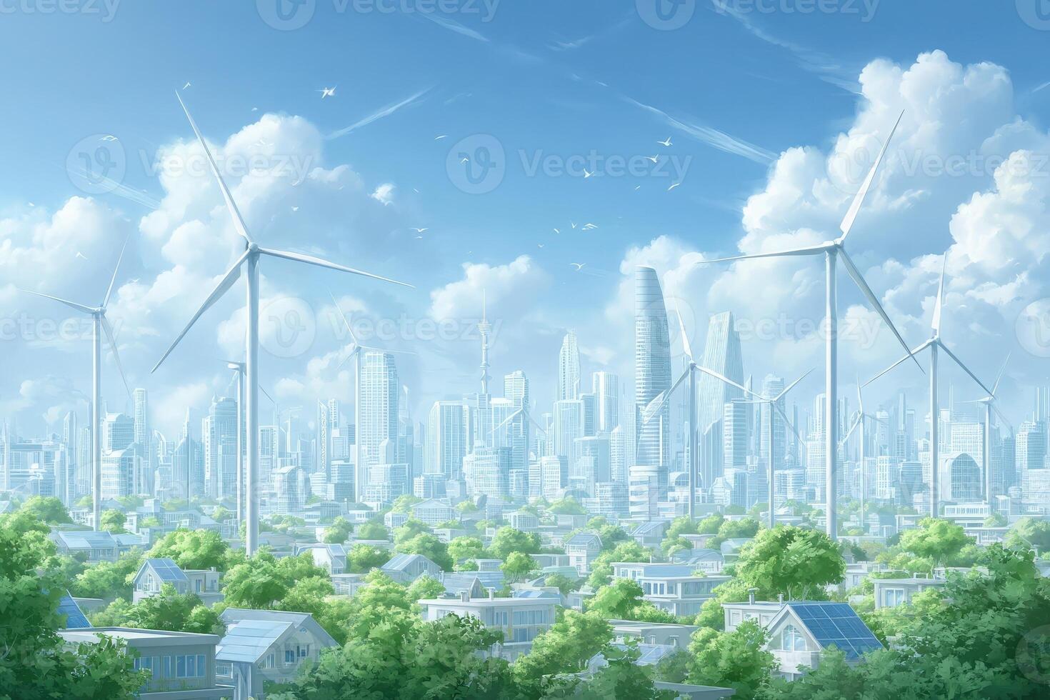 A vibrant city features numerous wind turbines amidst a blend of modern skyscrapers and greenery. Bright clouds float above, showcasing a commitment to sustainability and innovation. photo