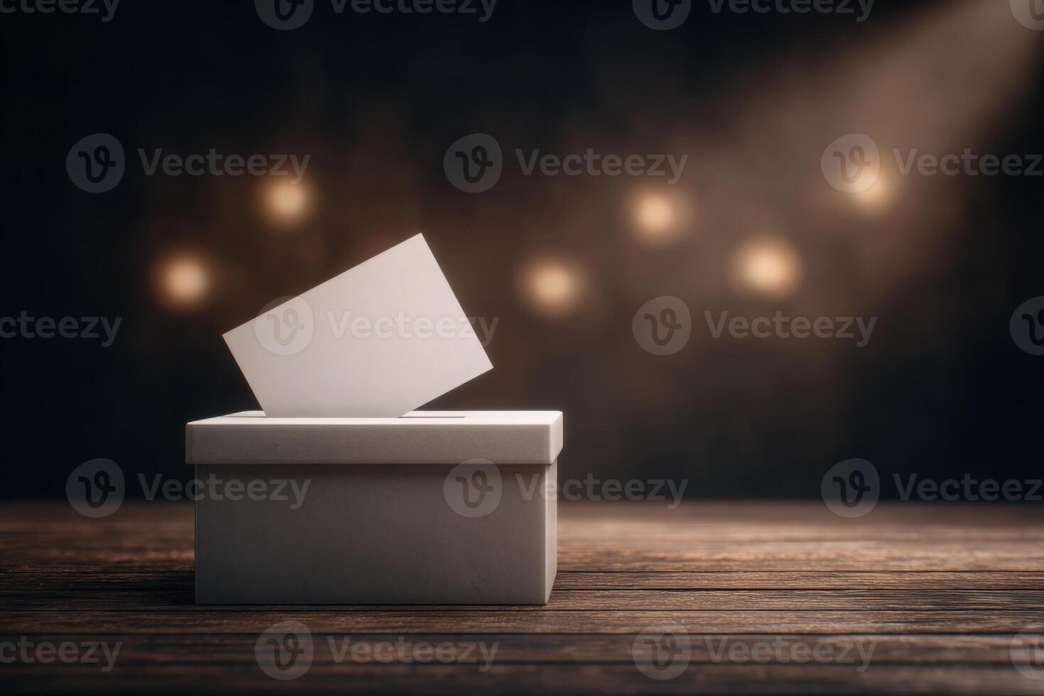 A blank ballot is being cast into a plain white voting box in a softly lit room with warm lights in the background. The atmosphere suggests a focus on democratic participation and civic duty. photo