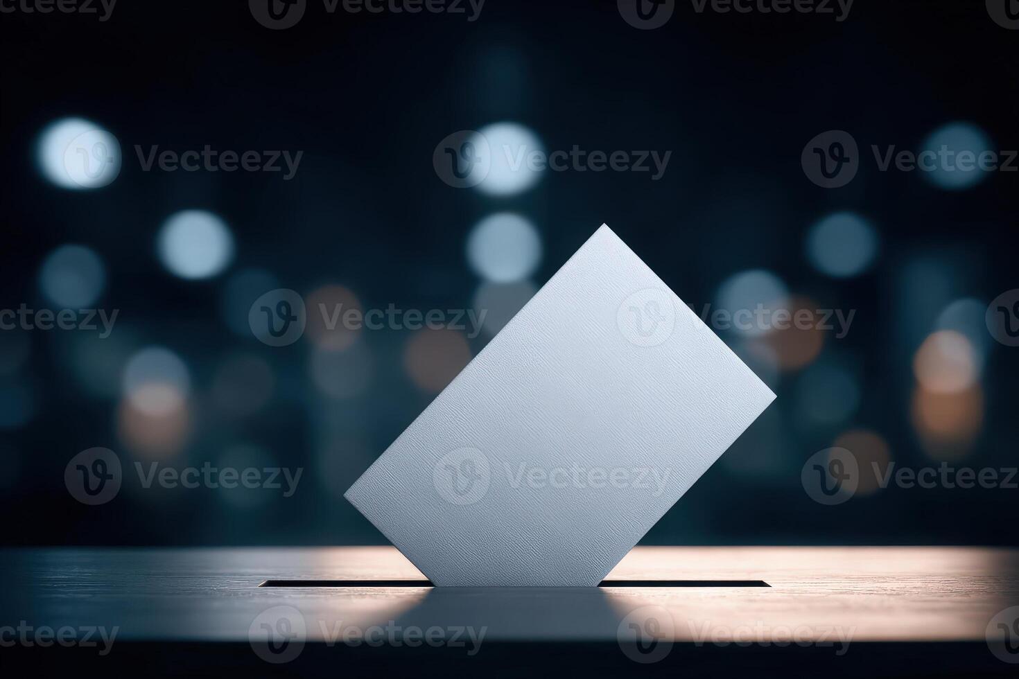 A minimalist design displays a sleek card tilted on a wooden surface, with soft bokeh lights creating a serene ambiance. The focus emphasizes aesthetics and simplicity in design. photo