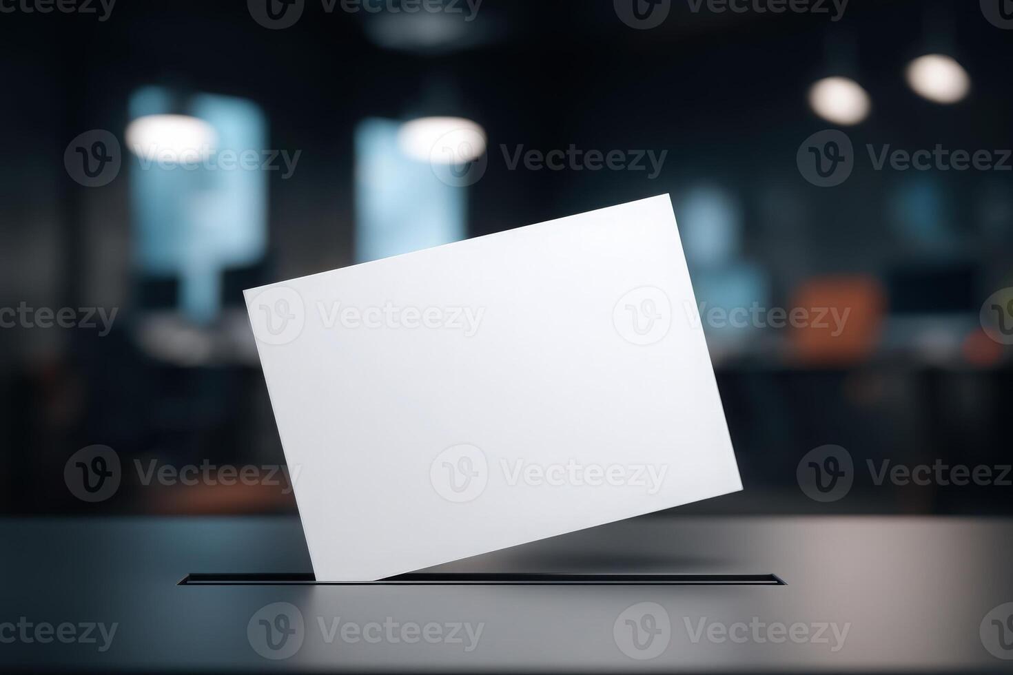A blank voting card is falling into a ballot box, capturing the essence of civic duty. The context is a contemporary office with subtle lighting, suggesting an important election event. photo