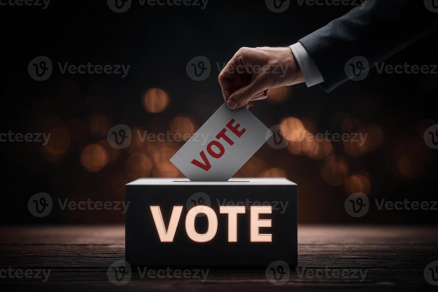 A hand is inserting a ballot marked with the word vote into a ballot box illuminated with the same word. This takes place in a dimly lit environment, emphasizing the importance of civic duty. photo