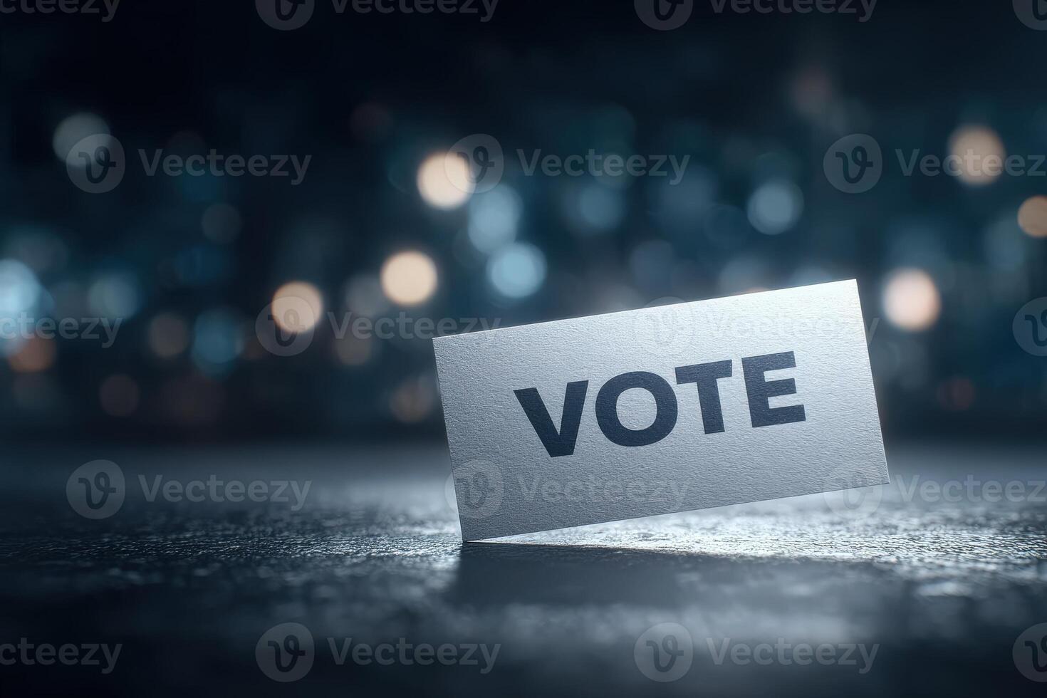 A clear vote sign stands upright on a textured surface, with a blurred background featuring soft lights. The setting captures a moment encouraging civic participation, ideal for promoting elections. photo