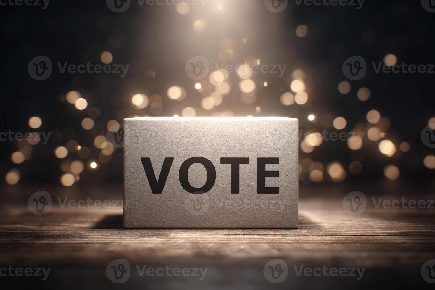 A simple vote box stands on a rustic wooden surface, illuminated by soft light from above. The word VOTE is prominently displayed, emphasizing the importance of participating in elections. photo