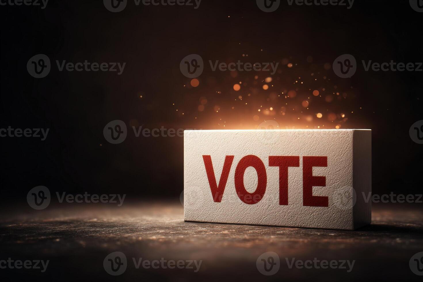 A block with the word VOTE in bold red letters is illuminated from behind, casting a glow against a dark background. This symbolizes the importance of participation in elections. photo