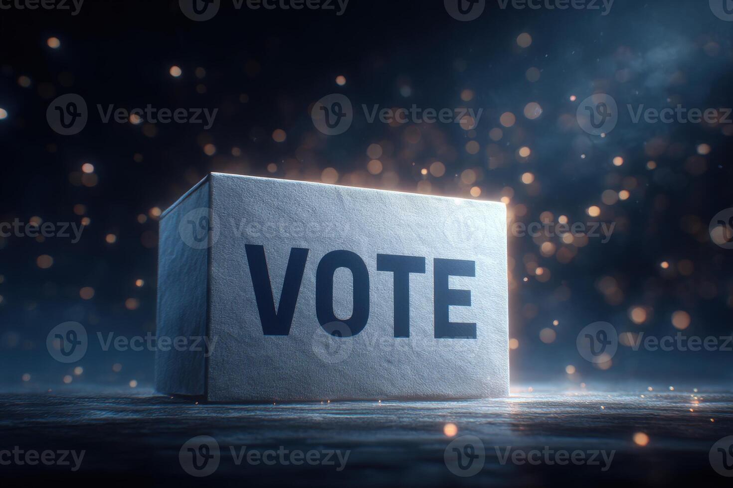 A ballot box prominently displays the word VOTE, symbolizing the importance of participation in elections. Glimmering lights create an inspiring atmosphere, encouraging civic responsibility. photo