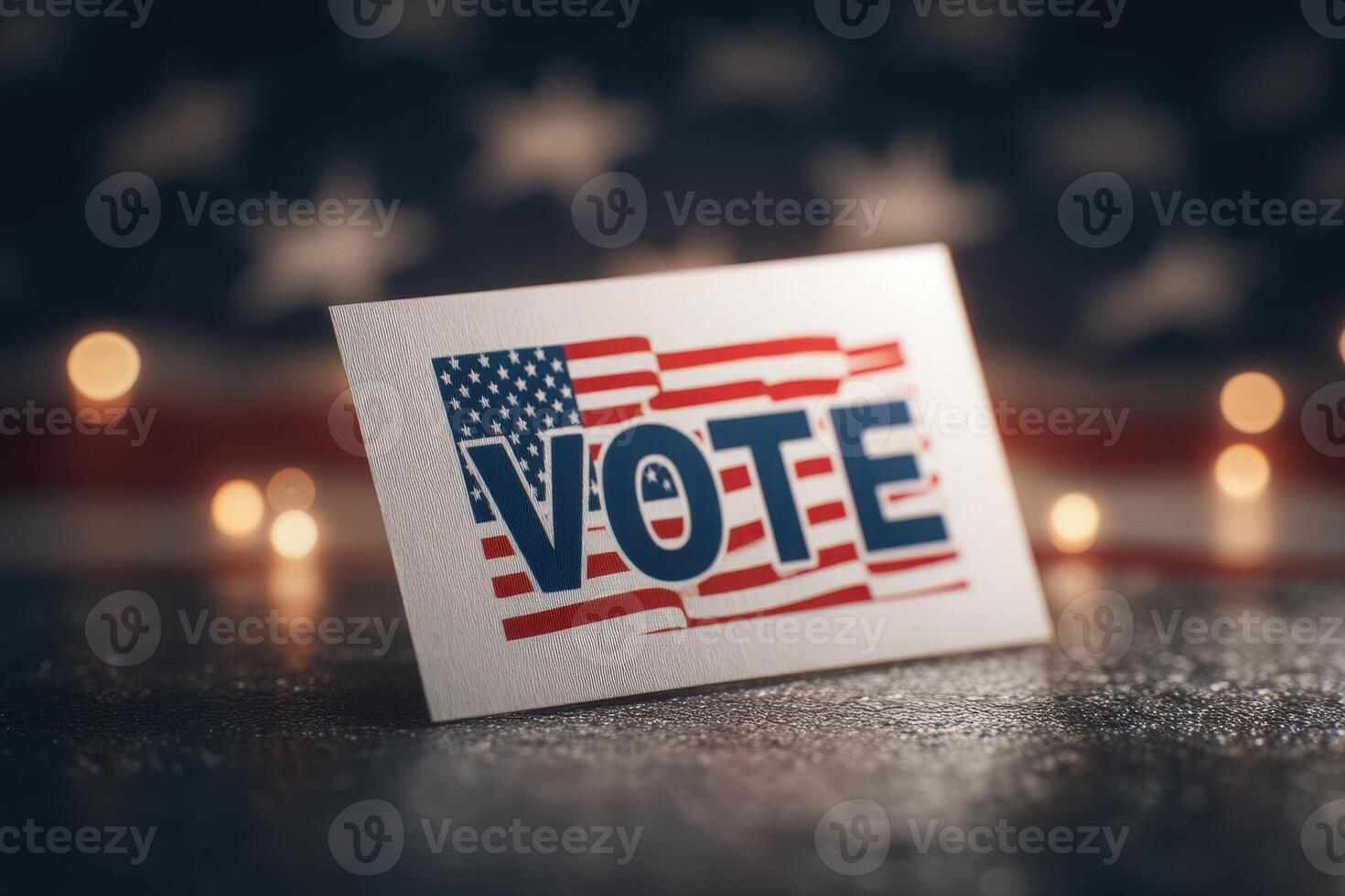 A sign displaying the word Vote alongside an American flag design sits on a reflective surface. Soft lights create a warm atmosphere, emphasizing the importance of voting during election time. photo