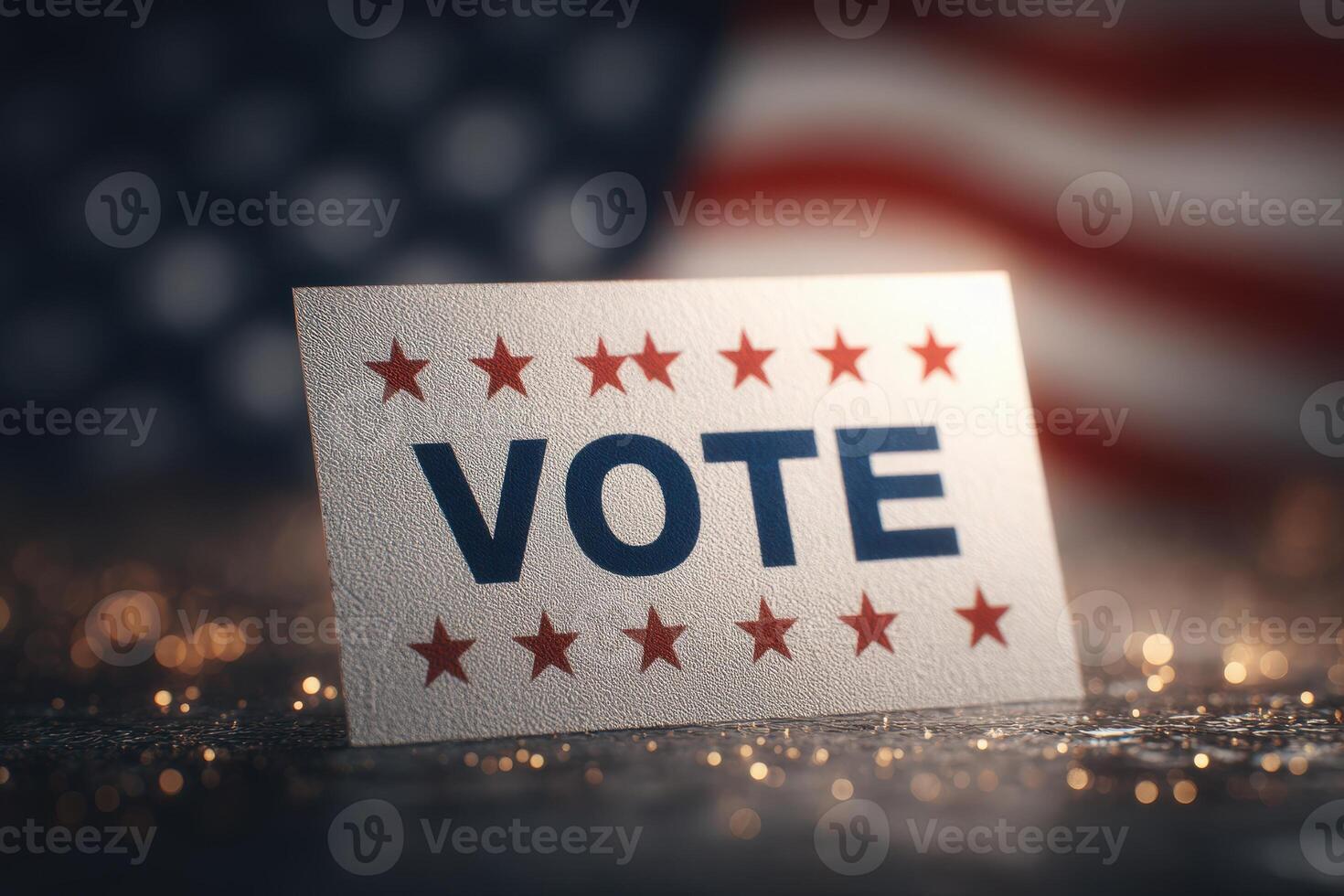 A sign reading Vote prominently stands out against a blurred American flag. The stars and bold lettering emphasize the importance of voting during elections. This setting evokes civic pride. photo