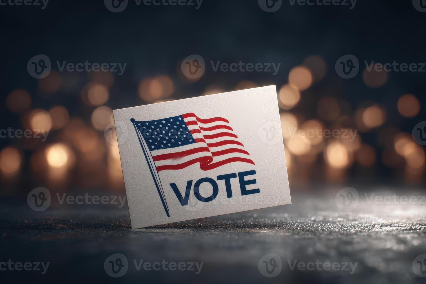 A vote card displays an American flag and the word vote, set against a bokeh background with sparkling lights. The colors and design highlight civic participation and pride. photo