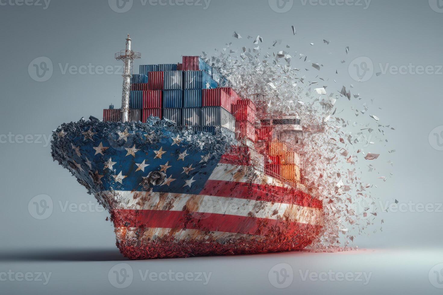 A striking visual features a large cargo ship decorated with the American flag, disintegrating into fragments. The scene conveys a sense of movement and transformation. photo