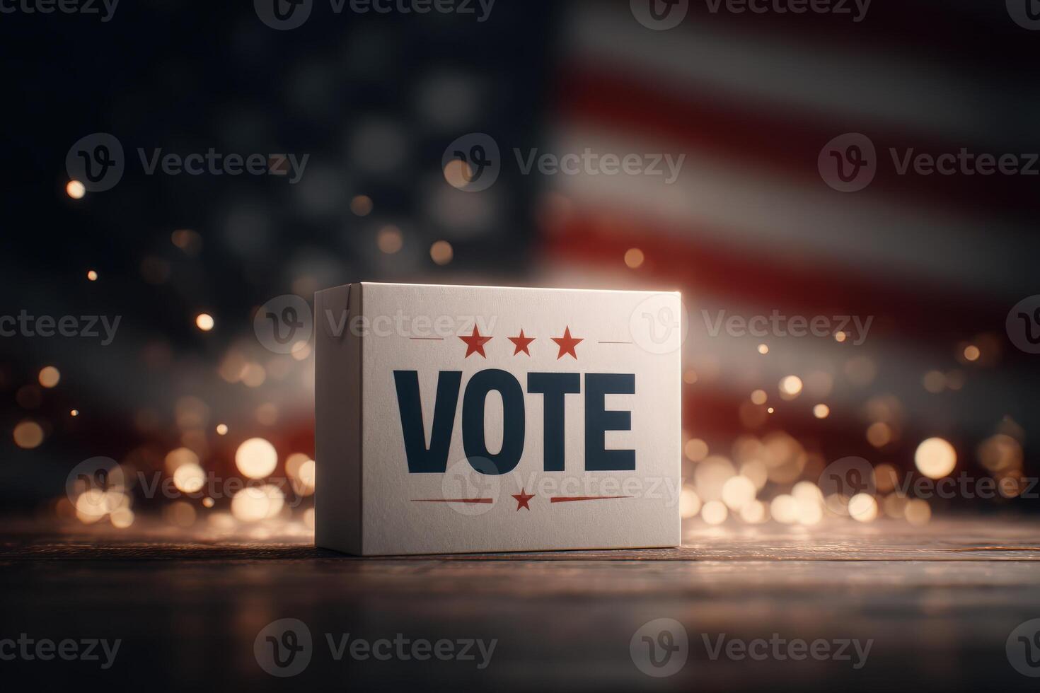 A vote box is prominently displayed in front of a blurred American flag backdrop. Glowing bokeh lights enhance the patriotic atmosphere, emphasizing the importance of civic engagement. photo