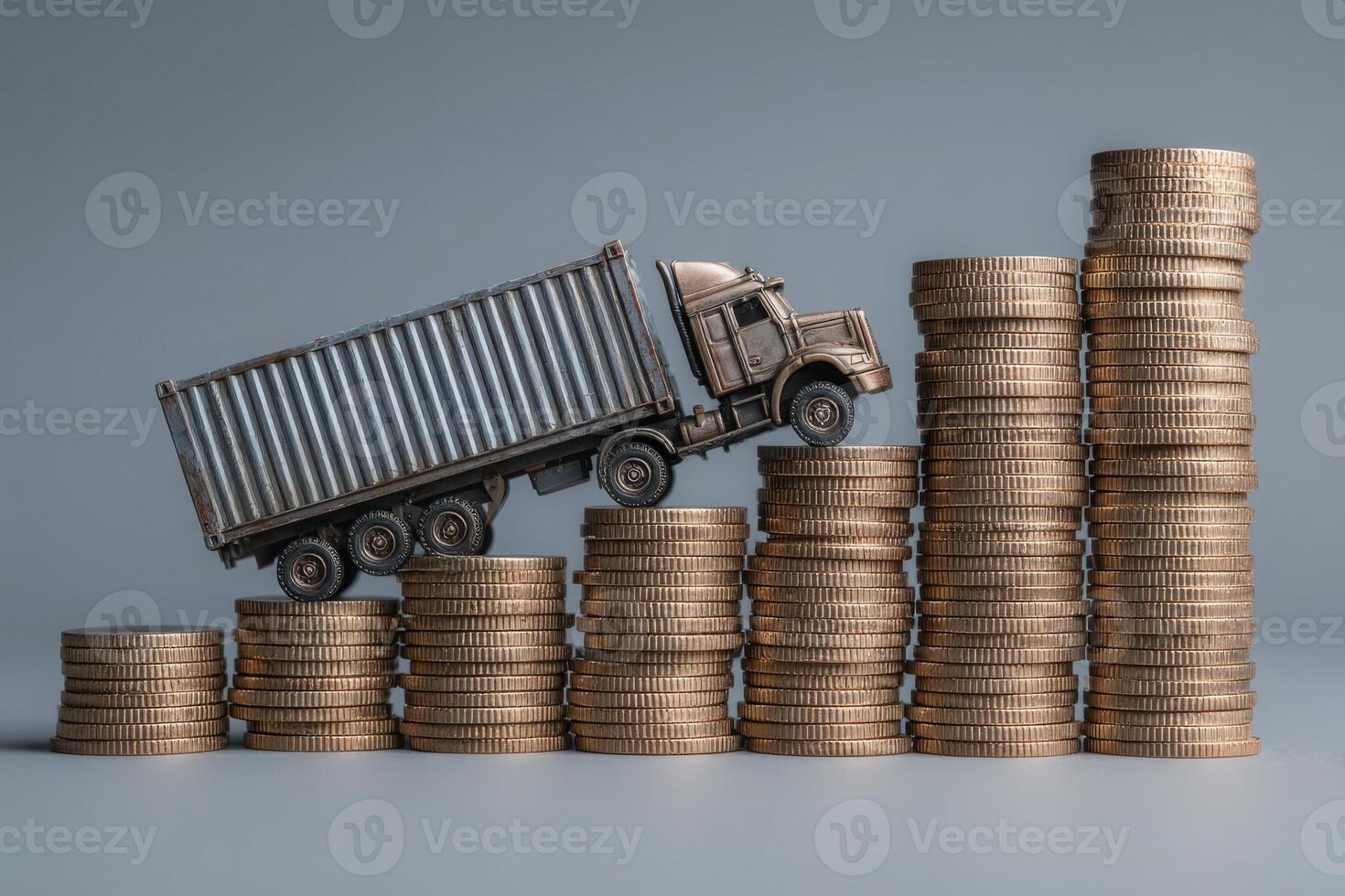 A miniature truck is seen ascending stacked coins, representing the journey of business and financial success. This setup highlights themes of trade, logistics, and economic growth. photo