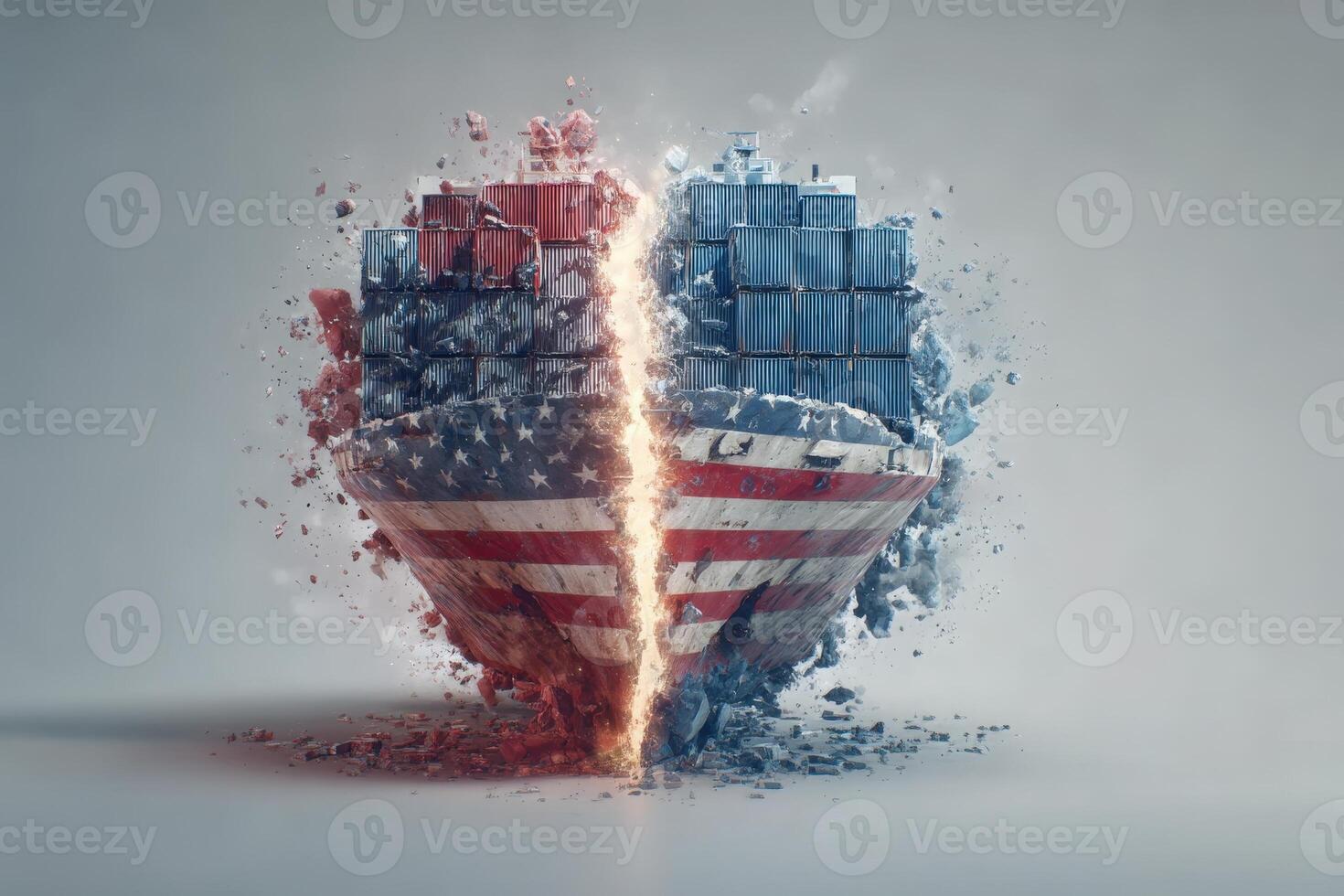 An artistic representation of a shipping container ship is divided down the middle, showcasing vibrant colors and textures. photo