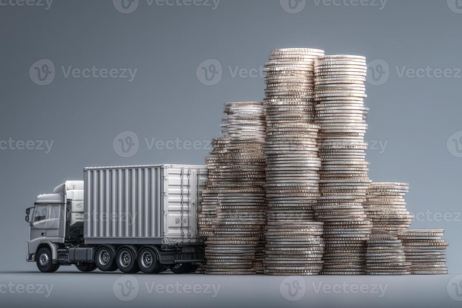 A large truck with a cargo container is positioned next to towering stacks of coins. The setup suggests a theme of commerce and trade, emphasizing the connection between transportation and wealth. photo