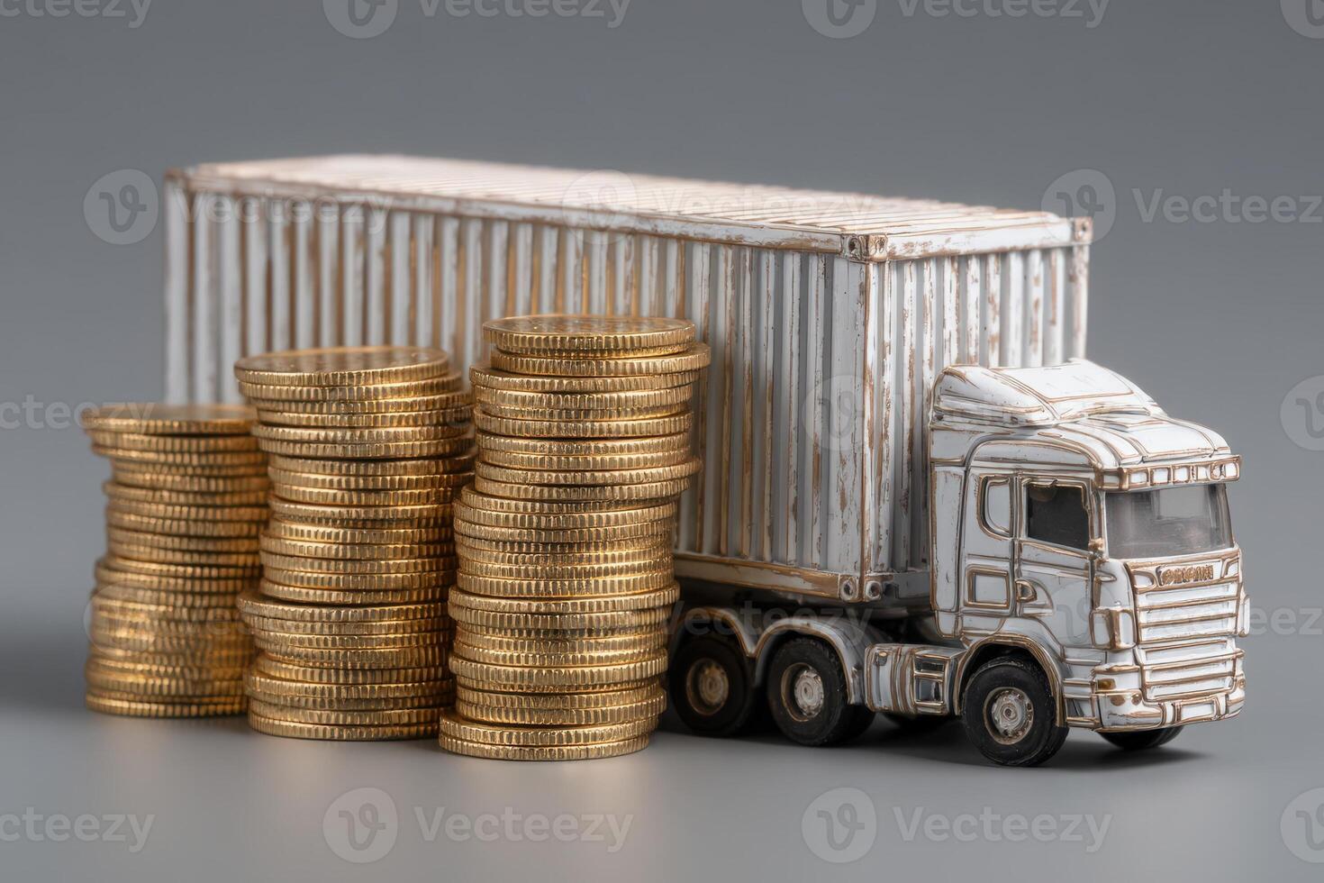 A detailed miniature truck stands next to stacked gold coins, symbolizing transport and financial growth in commerce. photo
